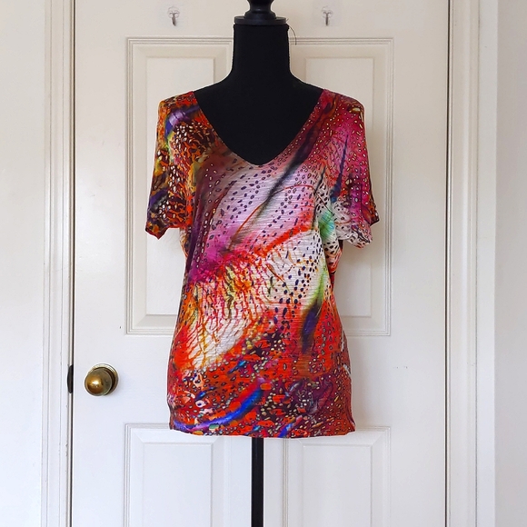 NWOT. Velvet Multi Color Pattern Drop Shoulder Loose Fit Short Sleeve Blouse. - Picture 1 of 4